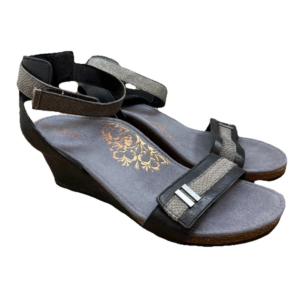 Aetrex Gia Black Grey Leather Wedge Sandals Comfort Shoes Women’s Sz EU 41 US 10